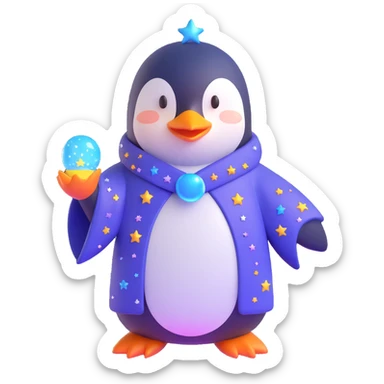 penguin wizard with a starry robe and magical aura in 3D style sticker
