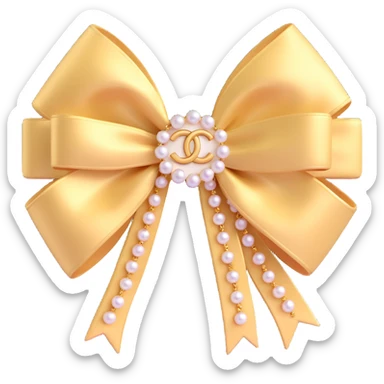 elegant bow with pearls and gold Chanel logo, sparkling effects, glossy, monochrome sticker