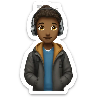 student standing by locker with wireless headphones, winter coat, and cell phone sticker