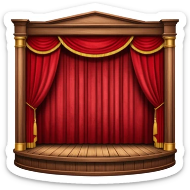 A wooden theater stage with red curtains slightly parted. sticker