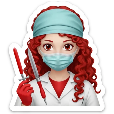 Lilith symbol seductress long curly hair evil surgeon.  brown hair. Red surgical mask and hair covering. She works for cartel and kills  with a scalpel. sticker