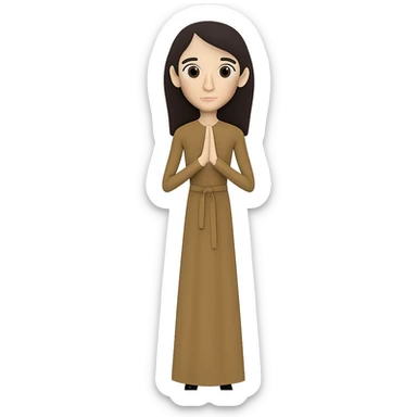 Make the woman very thin, standing and praying from the front view, wearing a long tan dress, with dark brown hair, in an emoji style. Remove the background. sticker