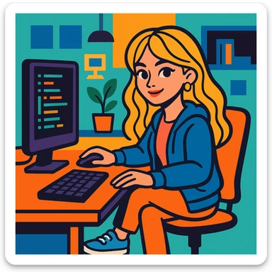 Sabrina Carpenter as a programmer, sitting at a computer, casual tech attire, confident expression, modern workspace, vibrant colors sticker