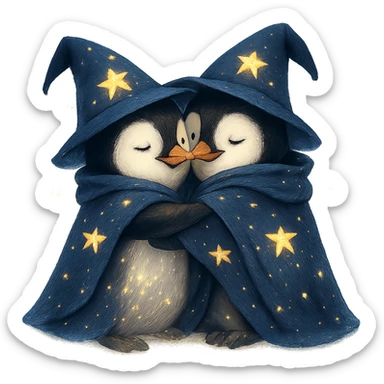 two penguin wizards hugging, starry cloaks, enchanted glow, magical and warm sticker