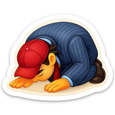 Modify the emoji so the man’s hand is clearly visible while he is kneeling down and bowing deeply to the ground, with arms and forehead touching the floor, in an 80% realistic, clear, bold, and expressive emoji style. sticker