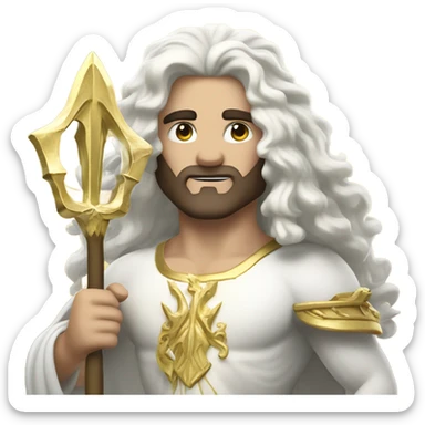 white Poseidon with gold Trident. long white hair white dress. with keys sticker