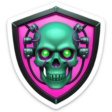 Cyberpunk shield, skull with cybernetic implants, glowing wires, dark electric pink and grenn, black tones, no background sticker