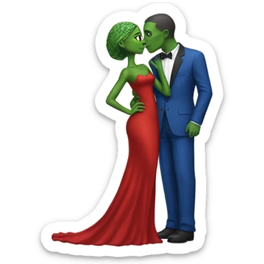 Beatiful tall green skin female reptilian in red dress, kissing white man in blue dress, full figure, full body sticker