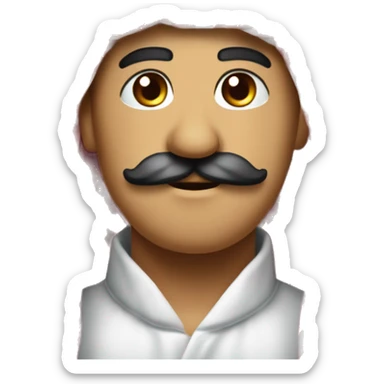 Oval face, expressive eyes, prominent nose, and a neat mustache with a composed look. Wears a traditional red-checkered shemagh and white thobe, exuding a dignified presence. sticker