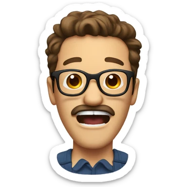 A man screaming and laughing, brown hair glasses and mustache sticker