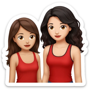 generate a pretty tan bratz girl with brown wavy hair long wearing a red tank top talking to a girl with black hair sticker
