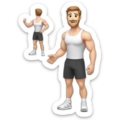 Full height Actively gesturing with hands Pale skinned Fit Man With the biceps and brown hair in dark gray Sleeveless Mike, black oversize sports shorts, watch and white Sneakers sticker