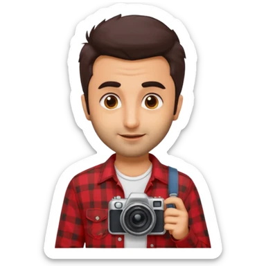 generate a pretty bratz emoji 
Make her look like Ranbir kapoor wearing a red flannel shirt,with white tee underneath. smirking and carrying a camera

he should look exactly  like ranbir kapoor!  sticker