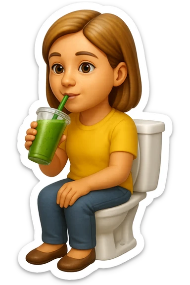 emoji stile iphone di una donna seduta sul wc che beve uno smoothies verde, iperrealistico 4k sticker