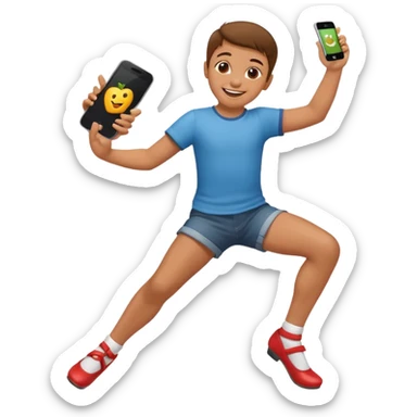 happy child dancing with a phone, one leg kicked out, apple style emoji sticker