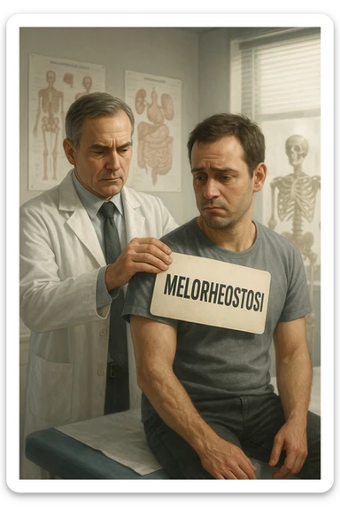 A realistic, cinematic illustration set in a bright, modern medical office. A middle-aged doctor in a white lab coat with a serious expression is shown gently placing a large paper label on the shoulder of a male patient sitting on the examination table. The label has the word 'Meloreostosi' written on it, symbolizing the act of labeling the patient with his rare bone condition. The patient looks confused and slightly disheartened, wearing a simple t-shirt with part of his arm exposed, showing subtle signs of bone thickening or deformation associated with melorheostosis. The background includes medical charts and a softly blurred skeleton model, emphasizing the medical setting. The lighting is bright but neutral, conveying a sterile, clinical atmosphere while focusing on the symbolic moment of receiving a diagnosis label. The mood is introspective and slightly heavy, illustrating the emotional weight of being defined by a rare chronic condition in italiano sticker
