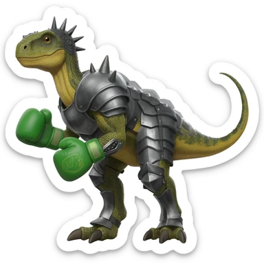 a dinosaur with green armored hands like boxing gloves and a spike on its and head and has armored body a tail and legs sticker