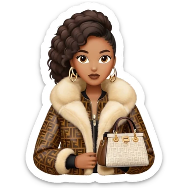 Beautiful black woman wearing a monogram Fendi jacket with a fur trim. She is carrying a Fendi Mini Peekaboo Bag. I want the image close up sticker