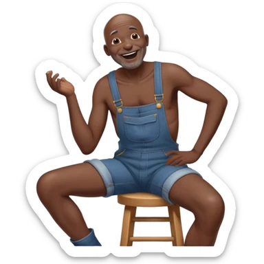Side view Laughing telling story Old bald blind black man sitting on stool wearing overalls no shirt sticker