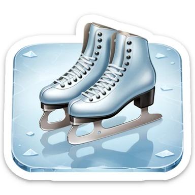 An icon featuring a pair of elegant figure skates resting on scratched ice in the center of an ice stage. The background shows distant spectator stands, with soft spotlights highlighting the skates. Transparent background emphasizes the quiet beauty of the scene. sticker