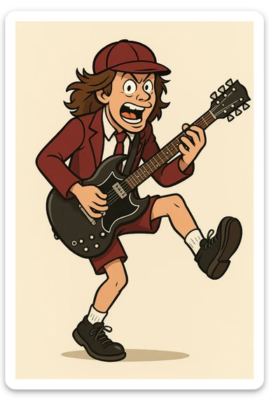 Angus Young from AC/DC in a school uniform, energetic pose, holding a guitar, cartoon style sticker