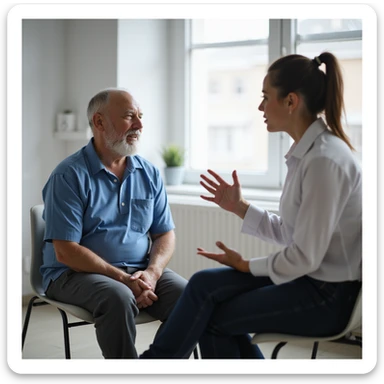 realistic image of a patient sitting in a clinic, therapeutic exercises not suitable for his condition, physiotherapist explaining the situation with gestures, clinical details, professional atmosphere sticker
