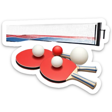 Two table tennis paddles and a ball placed on a ping pong table, with the net in the background. The scene conveys the simplicity and focus of the sport, with vibrant colors highlighting the rackets and ball on the smooth surface of the table. sticker