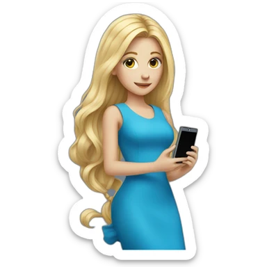 a girl in a blue dress long blond hair holding a cell phone out  sticker