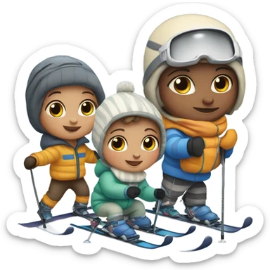 Infant skiing with its family of five, and one grey striped cat sticker
