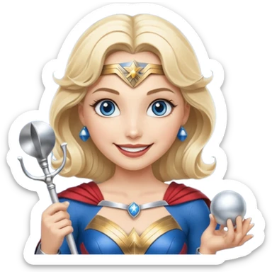 Blonde blue eyes Wonder Woman holding bell and short white orchestra conductor’s baton  sticker