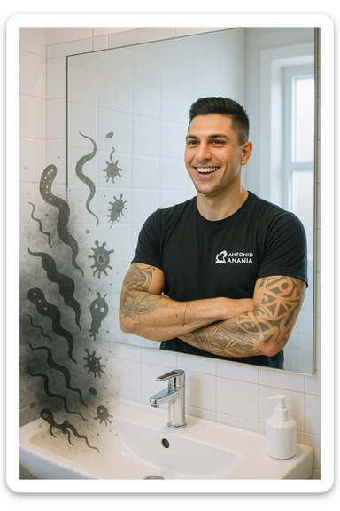 a man stands in a brightly lit bathroom, looking relieved and revitalized as he examines his reflection in the mirror. In the foreground, stylized, shadowy images of parasites (such as worms or protozoa) are shown leaving his body, dissolving into mist or fading away. His posture is upright and his expression is one of newfound energy and health. sticker
