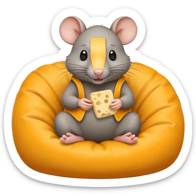 rat sitting in bean bag chair while eating cheese sticker