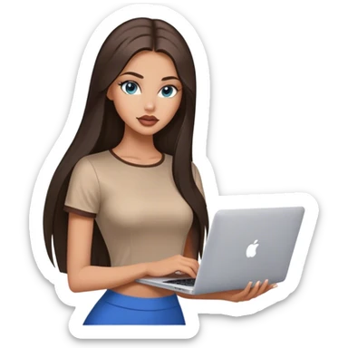Glamours tanned very beautiful girl with big pump peach lips and dark chocolate straight smooth long hair, blue-grey eyes in brown/beige short sleeves clothing with MacBook sticker