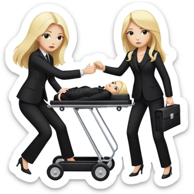 Two woman in black pants suits whit long hair . One is blond one has black hair. They are punching a funeral stretcher.  sticker
