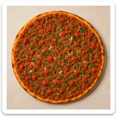a round Turkish lahmacun, thin flatbread topped with minced meat, tomatoes, onions, and herbs, viewed from above, appetizing and colorful sticker