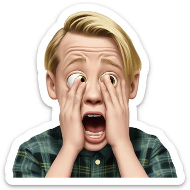 macaulay culkin from Home Alone, putting both hands on his face and screaming of fear. bring the hands down lik he is putting on his cheeks. sticker