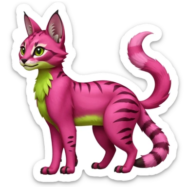 Colorful dark pink lime-green tropical exotic cute cool beautiful shiny beautiful fantasy-caracal-civet-genet-sergal-vernid-serval-Gryphon-Cacomistle-Trico-oncilla-animal-Fakémon-hybrid-fursona (full body) sticker