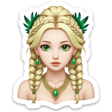 lady with Pale complexion, sharp features, high cheekbones, Blonde hair, green eyes, feathered ornaments, intricate braids with voluminous hairstyle sticker