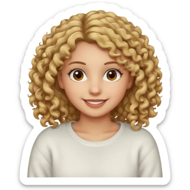 a dirty blonde girl with brown eyes and make her wearing a white sweater with curly hair and white skin color sticker