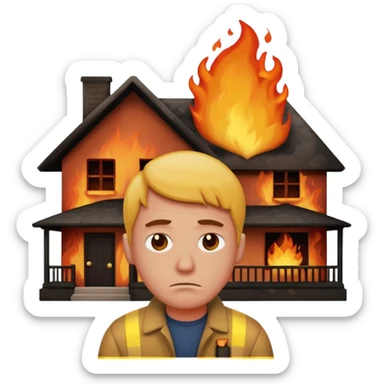 sad man standing with a house on fire behind him, apple style emoji sticker