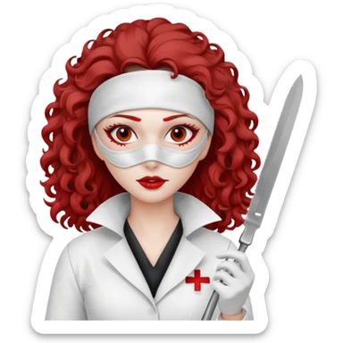 


Scary woman scalpel in hand, evil surgeon sexy surgeon clothes.  She has redcolored  eyes. Her  hair only is free ne brown long curly hair. Wears sexy doctor outfit with red gloves. make her wear full ski mask yo mask and nose mask  to hide. Wears white surgeon coat, wears  stilettos sticker