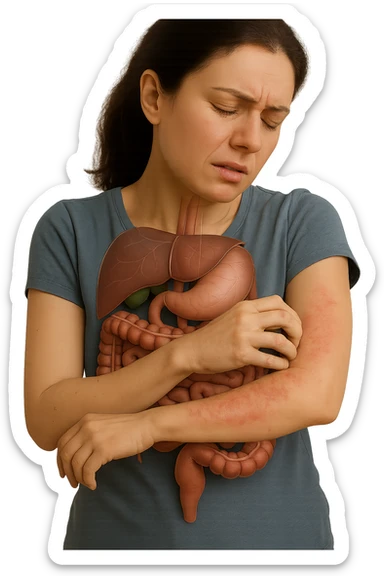 donna con intestino umano anatomico realistico che si gratta il braccio su cui ha un'eritema, iperrealistica 4k sticker