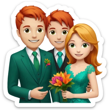 The man, with red hair, wears a dark green suit with a green tie and an orange boutonnière. The woman, with blonde hair, wears a turquoise ballgown with lace details and holds a colorful tropical bouquet. They smile at each other.  sticker