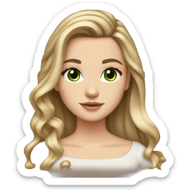 White girl with long brown hair with blonde highlights balayage and green eyes with a bow sticker