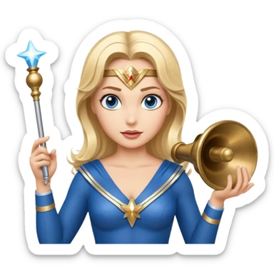 Blonde blue eyes Wonder Woman holding bell and short white orchestra conductor’s baton  sticker