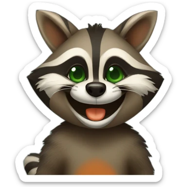 brown raccoon with orange eyes and a dark green hood that is laughing sticker