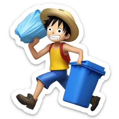 Luffy from one piece taking out his recycling bin, which has a blue body and yellow bin lid. He is wheeling the bin outside sticker