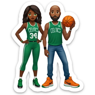 has blue eyes, is

48-year-old dark skin black woman with brown eyes, long dark brown hair, dressed in a sexy Boston Celtics outfit & wearing stilettos. A White bald white man with an orange beard & facial hair. He is wearing a Jason Tatum Boston Celtics Jersey, jeans & green Nike sneakers sticker