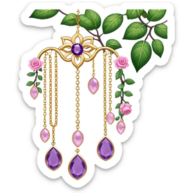 Hanging suncatcher, gold chains with shiny sparkly amethyst and rose-quartz gemstones, flowers, beautiful leaves, gorgeous aesthetics sticker