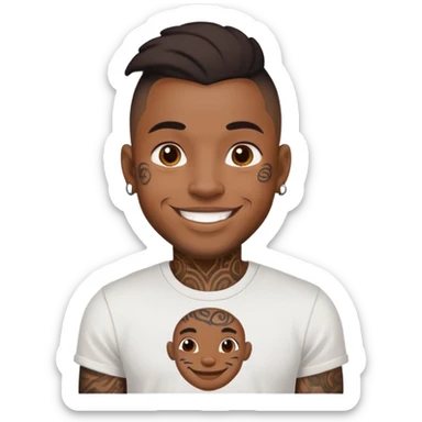 black man with face tattoos, smiling, wearing a t-shirt sticker